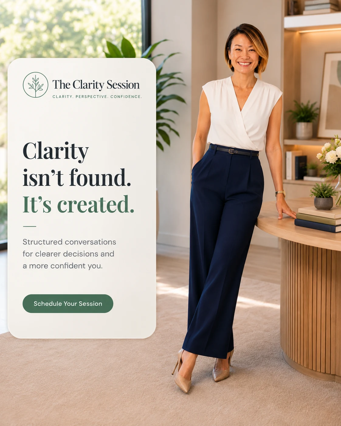 The Clarity Session promotional image with a full-body portrait and booking message.